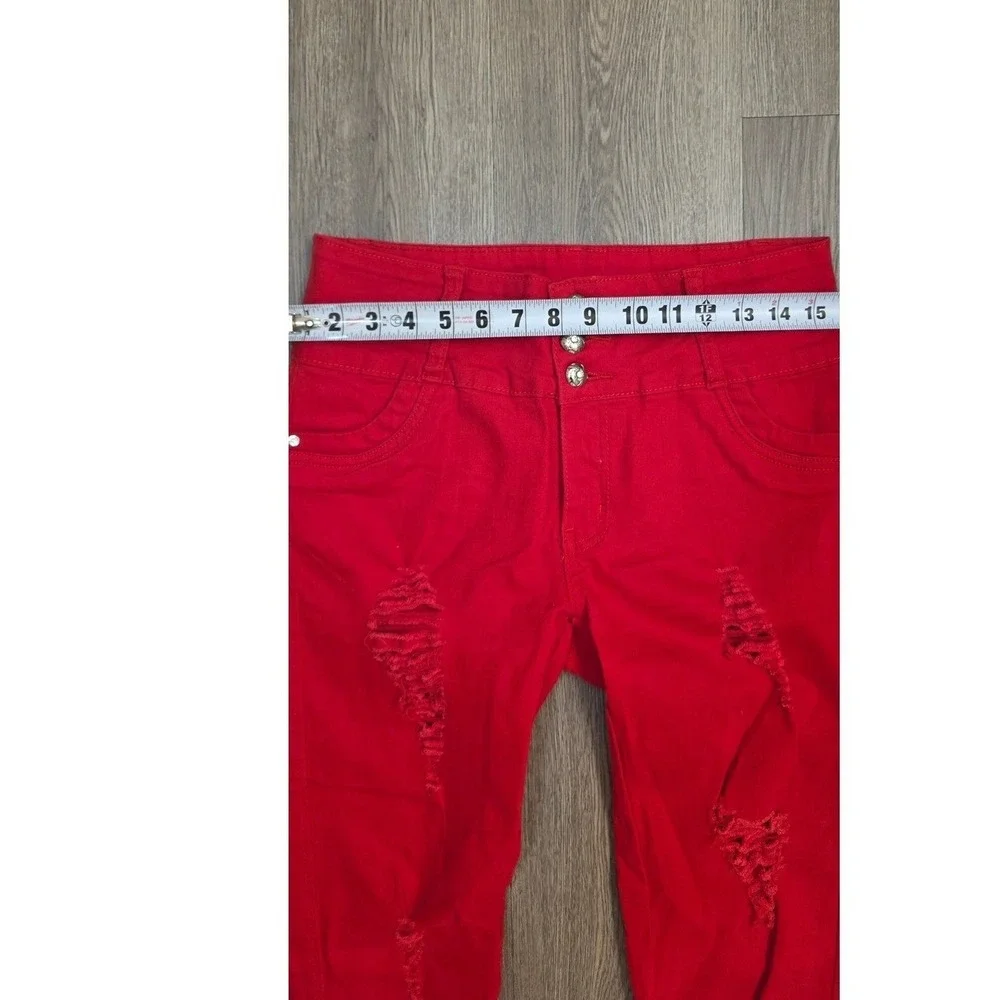 Silver Diva‎ Red Distressed Skinny Jeans High Rise Rhinestone Pocket Size 9
